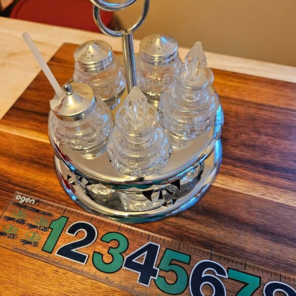Vintage rotating cruet set rotating 5 pc metal/glass salt pepper oil/vinegar jam - Picture 9 of 9